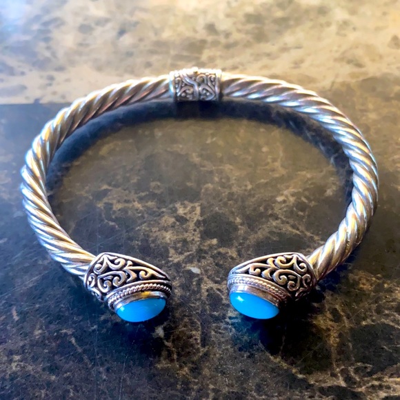 Samuel Benham Jewelry - Samuel B. Sterling Silver 18K Gold with Turquoise Stones Hinged Cuff Bracelet